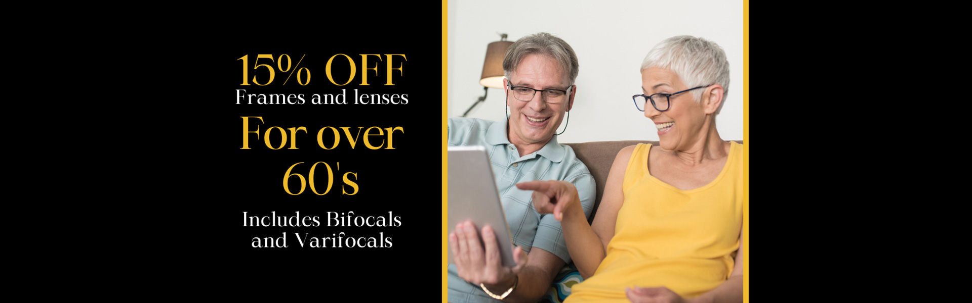 15% off on frames and lenses banner over 60